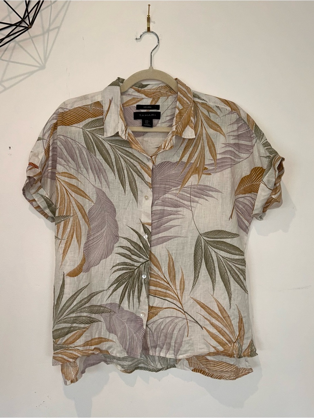 Tahari 100% Linen Palm Leaf Print Button-Down Shirt Size M